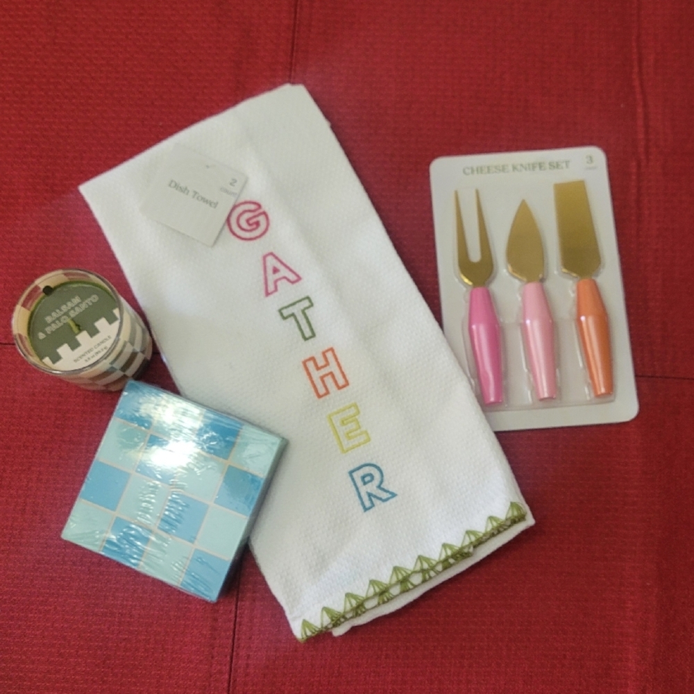 Colorful Cheese Knife Set, Dish Towel set of 2 , Set of 4 Coasters & a Candle